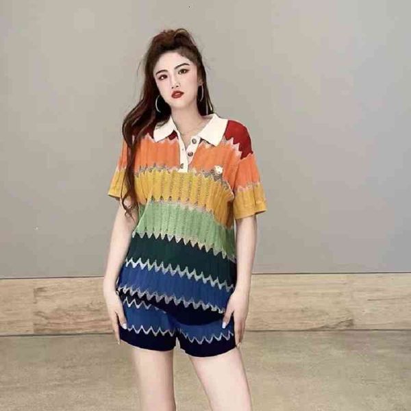 two piece dress summer rainbow contrast stitched striped polo shirt thin short sleeved sweater women's wear, White
two piece dress summer rainbow contrast stitched striped polo shirt thin short sleeved sweater women's wear, White