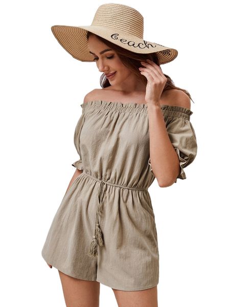 off the shoulder frill trim drawstring romper b4n9#, Black;white