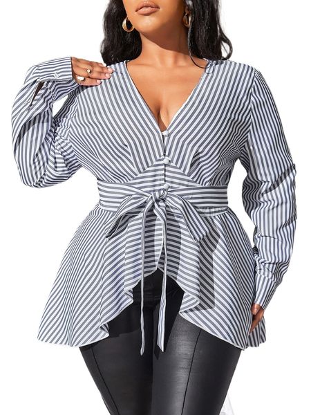 sxy plus striped asymmetrical hem belted blouse p4ok#, Black
sxy plus striped asymmetrical hem belted blouse p4ok#, Black