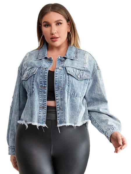 plus ripped frayed hem drop shoulder denim jacket k2ns#, Black;brown
plus ripped frayed hem drop shoulder denim jacket k2ns#, Black;brown