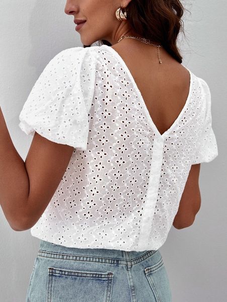 backless eyelet embroidery blouse 73b8#, White