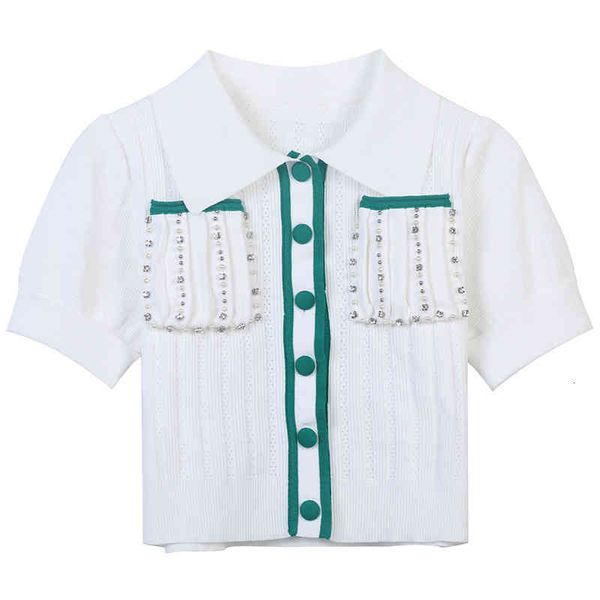 women's sweaters spring and summer 2022 stripe color matching pocket heavy industry nail bead inlay decoration casual lapel short sleev, White;black
women's sweaters spring and summer 2022 stripe color matching pocket heavy industry nail bead inlay decoration casual lapel short sleev, White;black
