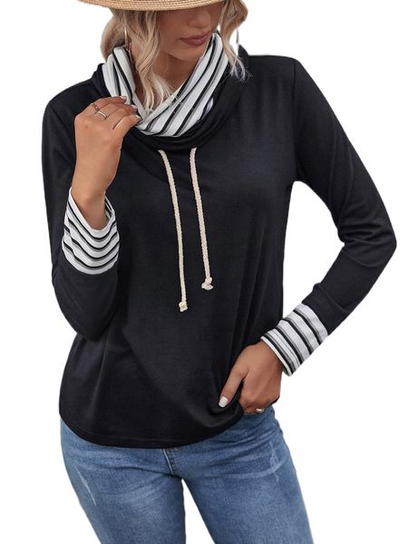 striped drawstring cowl neck tee y6im#, White
