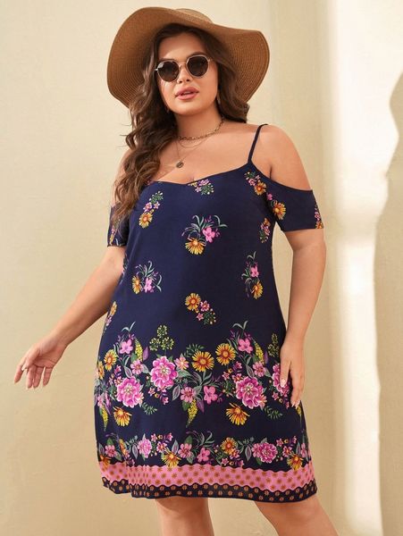 plus floral print cold shoulder dress k5bh#, Black