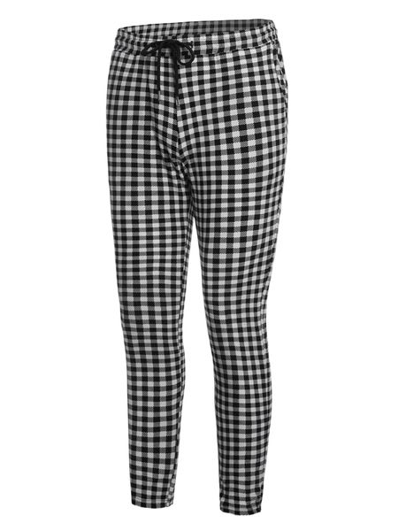 men gingham drawstring waist pants k4ba#, Black
