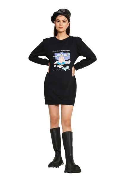 x diytown slogan and figure graphic split hem sweatshirt dress i3ge#, Black
x diytown slogan and figure graphic split hem sweatshirt dress i3ge#, Black