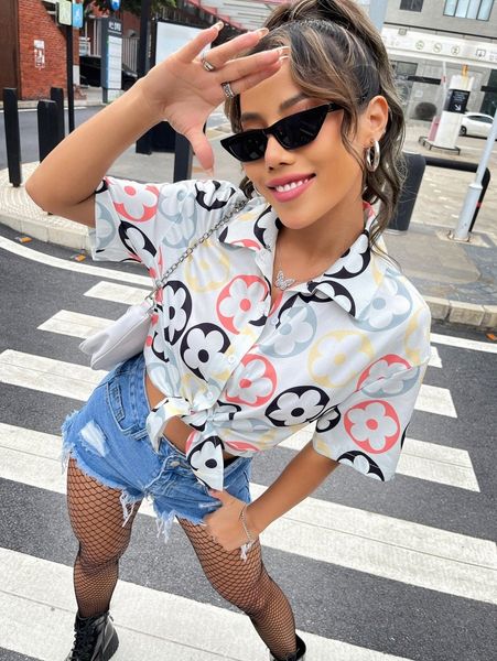 floral print drop shoulder blouse b5tr#, White