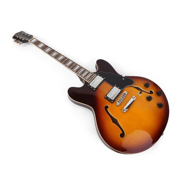 good quality electric guitar jazz hollow body f hole right sunburst hand double cutway
good quality electric guitar jazz hollow body f hole right sunburst hand double cutway