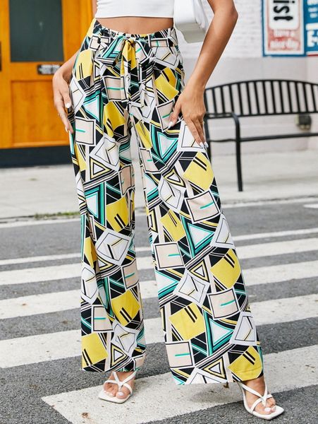 geo print belted wide leg pants k0b5#, Black;white
