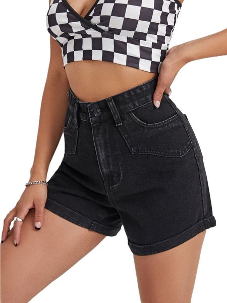 solid straight leg denim shorts p8h8#, White;black