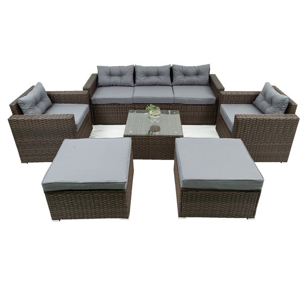 

6 piece patio rattan wicker outdoor furniture conversation sofa set with removeable cushions and temper glass tabletop