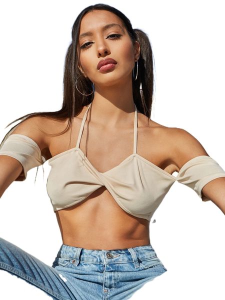 twist front halter off shoulder crop k1if#, White 
twist front halter off shoulder crop k1if#, White