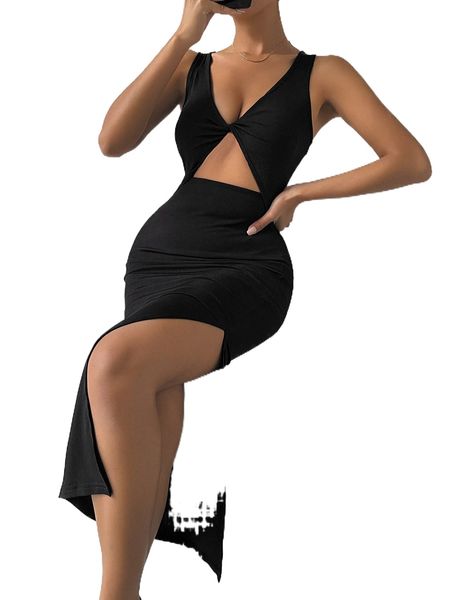 solid cut out split thigh dress w0n6#, Black;gray