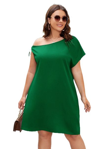 plus asymmetrical neck tie cuff dress 81gw#, Black