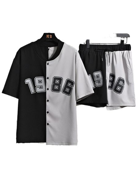 men number print colorblock drop shoulder shirt & drawstring waist shorts 34xm#, Gray
men number print colorblock drop shoulder shirt & drawstring waist shorts 34xm#, Gray