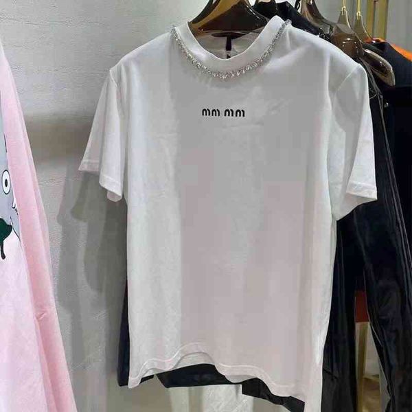 women's t-shirt high edition miu spring and summer round neck printing heavy hand nail drill nail bead temperament short sleeve t-shirt, White
women's t-shirt high edition miu spring and summer round neck printing heavy hand nail drill nail bead temperament short sleeve t-shirt, White