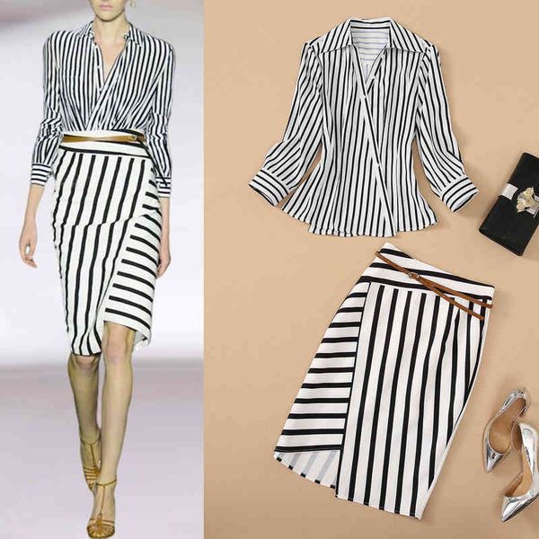 women's two piece pants early spring women's seven sleeve striped shirt irregular hip wrap skirt suit, White
women's two piece pants early spring women's seven sleeve striped shirt irregular hip wrap skirt suit, White