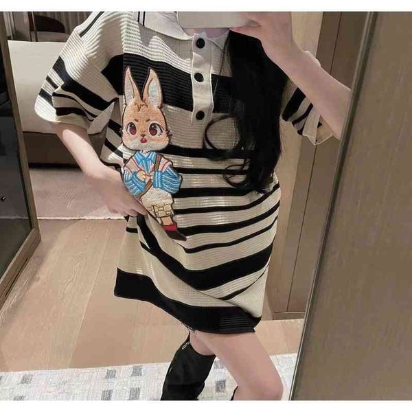 women's t-shirt chaopai spring and summer minority stripe stitched backpack rabbit aging knitted lapel medium long t-shirt skirt women, White
women's t-shirt chaopai spring and summer minority stripe stitched backpack rabbit aging knitted lapel medium long t-shirt skirt women, White