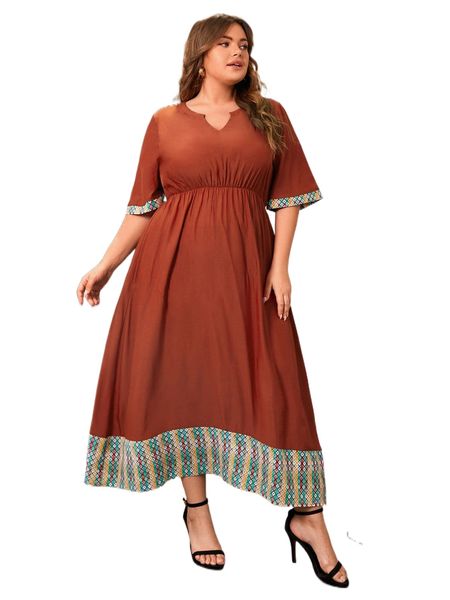 plus contrast geo notched neck a-line dress e3rl#, Black 
plus contrast geo notched neck a-line dress e3rl#, Black