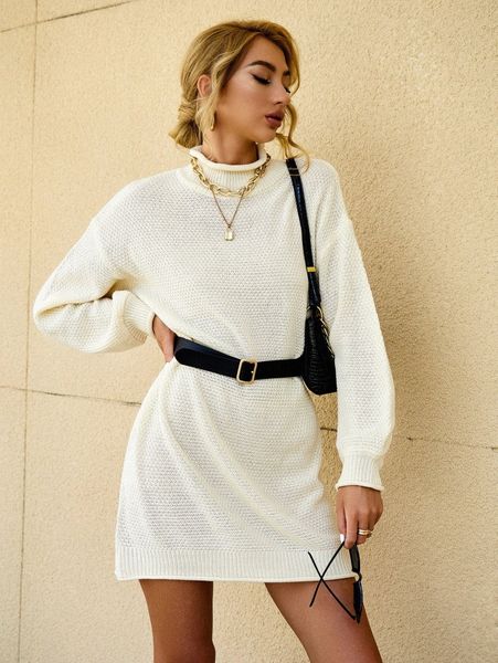 solid high neck drop shoulder sweater dress q3hv#, White;black
