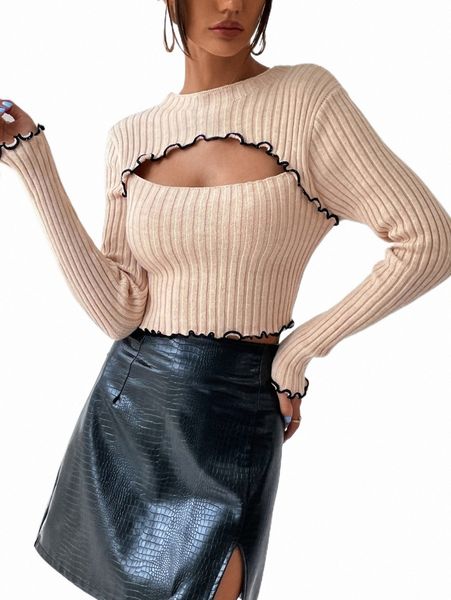 rib-knit lettuce trim cut out sweater b8wm#, White;black
