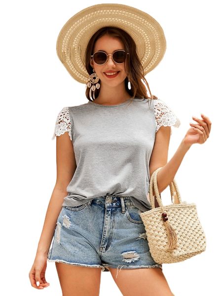 guipure lace sleeve tee 40fj#, White
