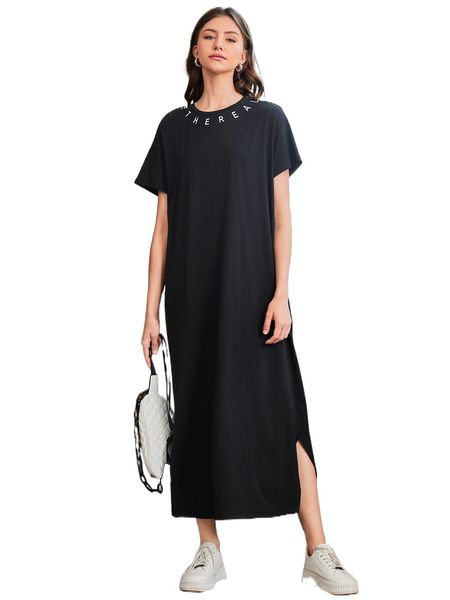 letter graphic split hem tee dress t8ci#, Black;gray