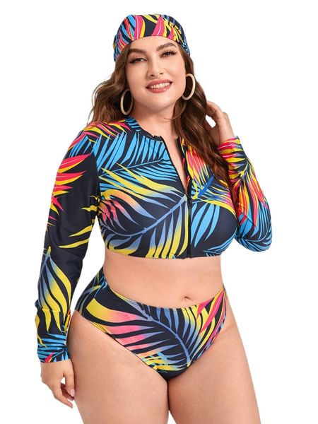 plus tropical print zip front bikini swimsuit with bandana b7vy#, White;black
plus tropical print zip front bikini swimsuit with bandana b7vy#, White;black