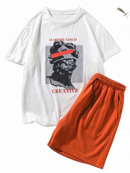 men sculpture & letter graphic tee & drawstring waist shorts h2i3#, Gray
men sculpture & letter graphic tee & drawstring waist shorts h2i3#, Gray