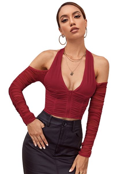 halter neck zip front ruched tee u7mm#, White