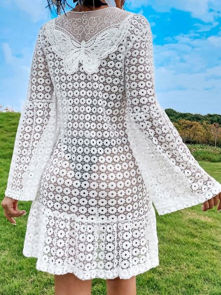butterfly embroidery lace trumpet sleeve ruffle hem cover up dress 08dy#, White;black
butterfly embroidery lace trumpet sleeve ruffle hem cover up dress 08dy#, White;black