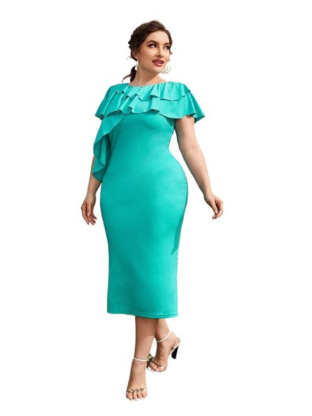 plus ruffle trim draped side dress x9gb#, Black
plus ruffle trim draped side dress x9gb#, Black