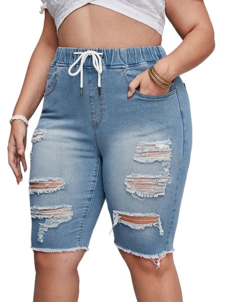 plus drawstring waist ripped raw cut denim shorts d8sq#, White;black