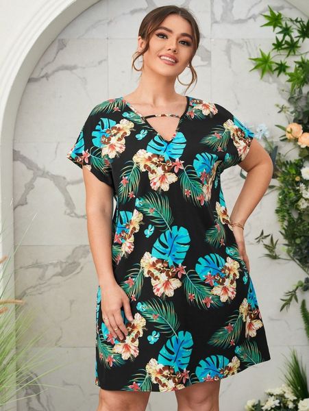 plus tropical print tunic dress p6gc#, Black 
plus tropical print tunic dress p6gc#, Black