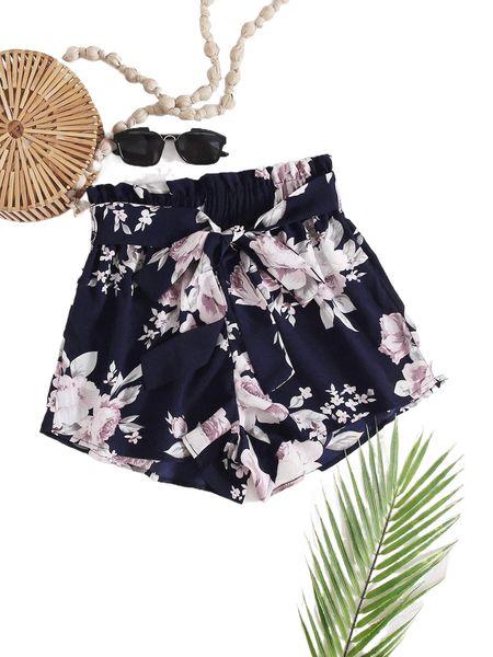 floral print belted shorts 11q8#, White;black 
floral print belted shorts 11q8#, White;black