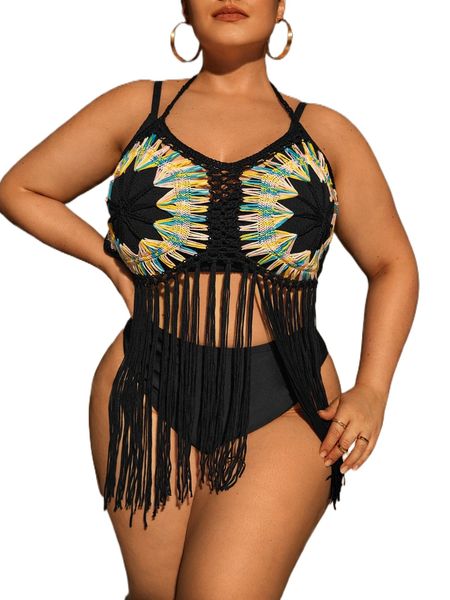 plus floral pattern tie back fringe hem cover up without bikini s65v#, Black