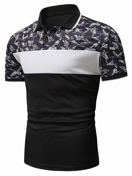 men bird print color block striped trim polo shirt a2bb#, White;black 
men bird print color block striped trim polo shirt a2bb#, White;black