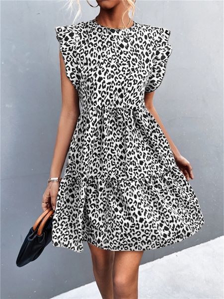 leopard print flutter sleeve ruffle hem dress q5iu#, Black;gray 
leopard print flutter sleeve ruffle hem dress q5iu#, Black;gray