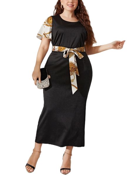 plus contrast chain butterfly sleeve belted dress m2l2#, Black 
plus contrast chain butterfly sleeve belted dress m2l2#, Black