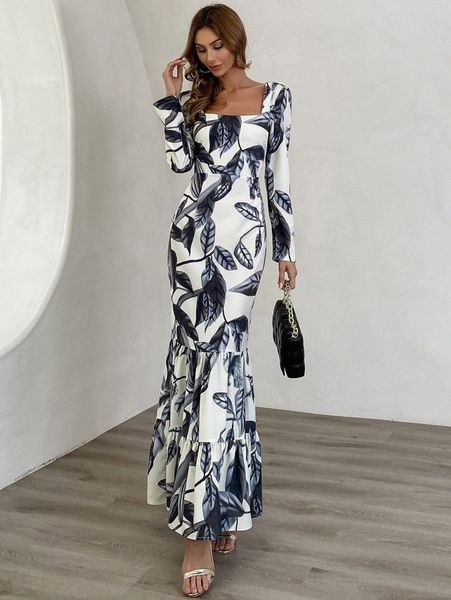 missord square neck leaf print fishtail hem prom dress q8cs#, Black;gray 
missord square neck leaf print fishtail hem prom dress q8cs#, Black;gray