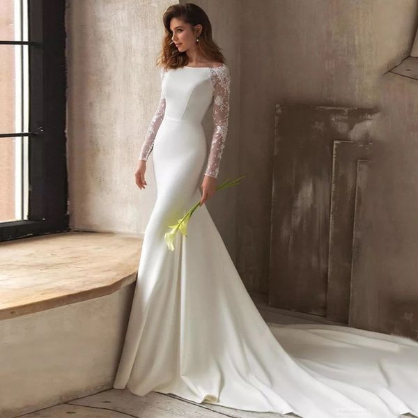2022 new simple long-sleeved wedding dress mori u-neck slim fishtail travel pgraphy small trailing soft yarn wed dresses vestido de novia, White
2022 new simple long-sleeved wedding dress mori u-neck slim fishtail travel pgraphy small trailing soft yarn wed dresses vestido de novia, White