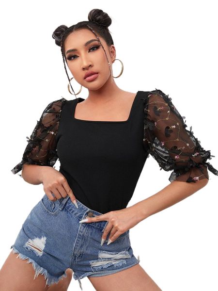 square neck appliques mesh sleeve c2z9#, White