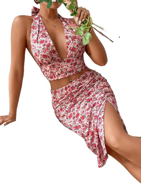 allover floral print shirred backless halter & slit thigh skirt y9su#, White
allover floral print shirred backless halter & slit thigh skirt y9su#, White