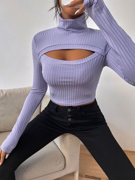 high neck cut out ribbed knit tee 151n#, White