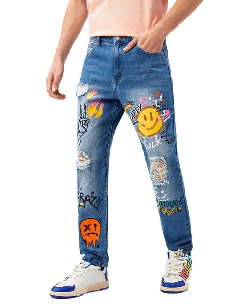 men letter & cartoon face print ripped jeans a6ag#, Blue