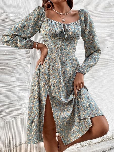 ditsy floral knot front split hem dress k5co#, Black;gray