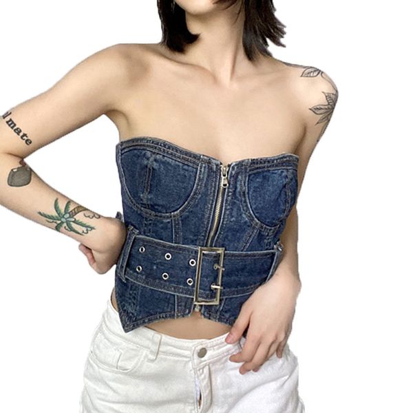 street girl tank one-shoulder heavy industry corset denim vest new irregular chest top, White
street girl tank one-shoulder heavy industry corset denim vest new irregular chest top, White