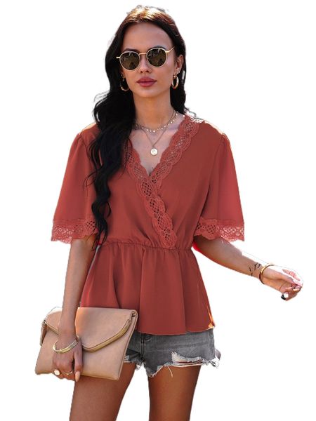 guipure lace trim tie back butterfly sleeve peplum blouse p0xk#, White