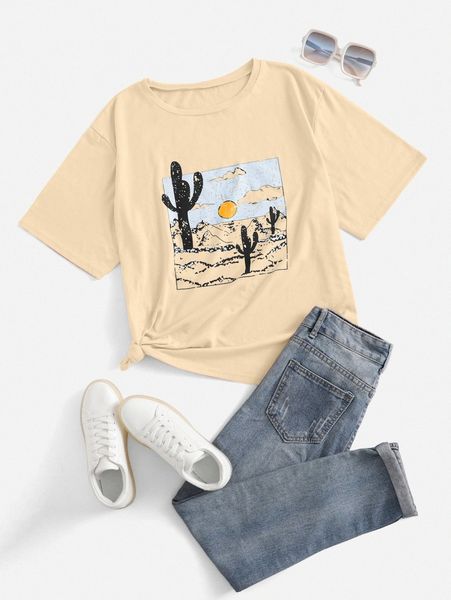 plus cactus & sun print tee g9fv#, Black