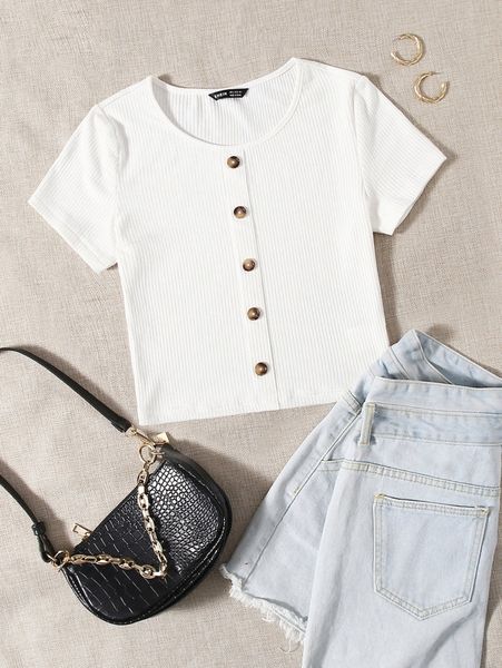 buttoned front rib-knit t52s#, White